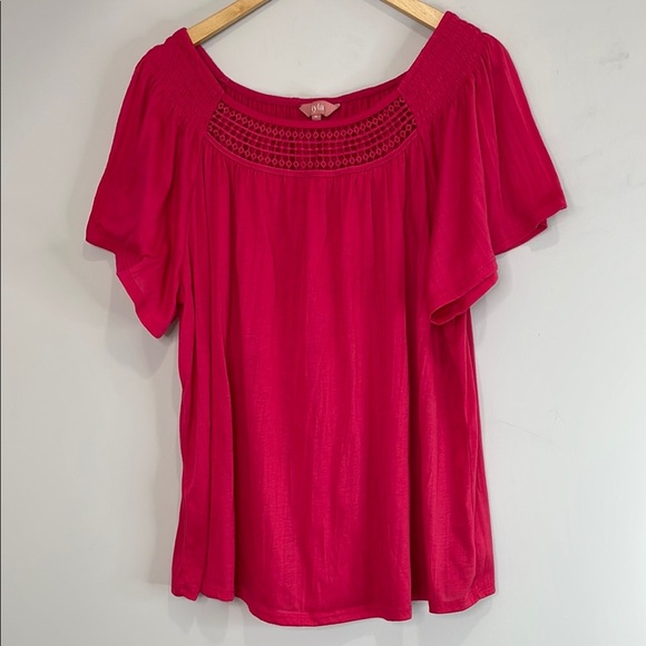 Iyla Magenta Pink Smock Short Sleeve Peasant Top Crochet Neckline Flutter Sl 1X - Picture 2 of 11
